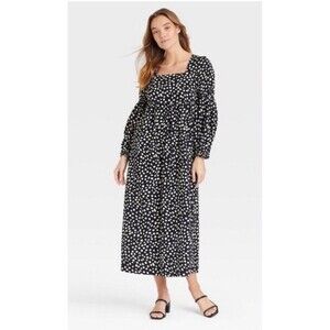 Who What Wear Black White polka dot square neck Long dress Modest Size Large